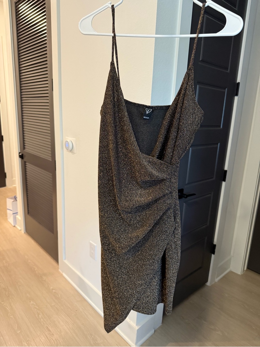 Windsor Metallic Gold-Black Spaghetti Strap Mini Dress